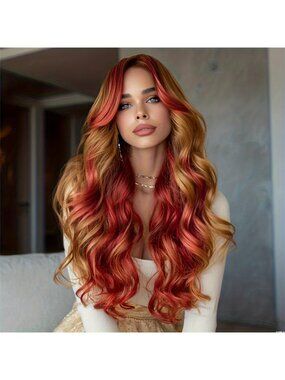 28-Inch Brown Gradient Highlighted Red Bangs Wavy Wig - Long, Slightly Curled